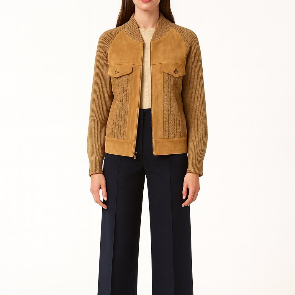 BALLY Heritage Suede Tan Knitted Lazy‎ Luxury Western Boho Jacket Zip-up M